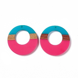 Deep Pink Opaque Resin & Walnut Wood Pendants, Ring Charms, Deep Pink, 38x3.5mm, Hole: 2mm
