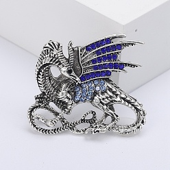 Antique Silver Dragon Rhinestone Pins, Alloy Brooches for Unisex Gift, Antique Silver, 39x33mm
