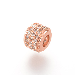 Розовое Золото Латунные микро проложить кубического циркония бусы, колонка, розовое золото , 9x6.5 мм, отверстие: 4 мм