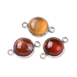 Red Agate Natural Red Agate Connector Charms, Half Round Links, with Stainless Steel Color Tone 304 Stainless Steel Findings, 14x22x5.5mm, Hole: 2mm
