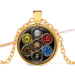 Golden Chakra Yoga Theme Glass Pendant Necklace, Alloy Jewelry for Women, Golden, 19.69~21.65 inch(50~55cm)