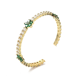 Verde Brazaletes abiertos con flor de circonita cúbica, joyas de latón chapado en oro real 18k para mujer, verde, diámetro interior: 2-1/4 pulgada (5.7 cm)