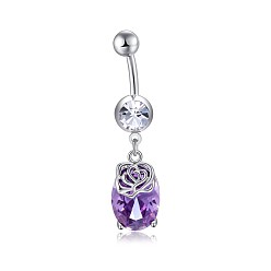 Dark Orchid Brass Cubic Zirconia Navel Ring, Belly Rings, with 304 Stainless Steel Bar, Cadmium Free & Lead Free, Oval, Dark Orchid, 43mm, Bar: 15 Gauge(1.5mm), Bar Length: 3/8"(10mm)
