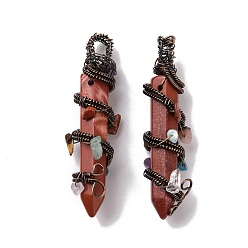 Red Jasper Natural Red Jasper Pointed Big Pendants, with Red Copper Plated Rack Plating Brass Findings and Mixed Stone Chip Beads, Cadmium Free & Lead Free, Faceted, Bullet Charm, 64~68x16~17x16~17mm, Hole: 7.5mm