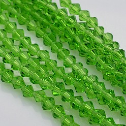 Зеленый лайм Двойной конус бисер пряди, граненые, зеленый лайм, 4x4 мм, отверстие : 1 мм, около 92~96 шт / нитка, 13.78~14.37 дюйм