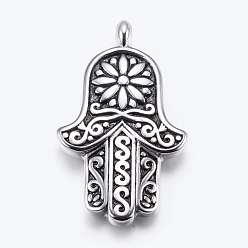Antique Silver 304 Stainless Steel Big Pendants, Hamsa Hand/Hand of Fatima/Hand of Miriam with Flower, Antique Silver, 70x41x7mm, Hole: 5mm