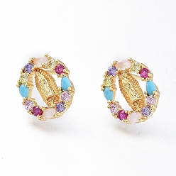 Colorful Brass Micro Pave Cubic Zirconia Ear Studs, Long-Lasting Plated, Oval with Virgin Mary, Golden, Colorful, 13x11mm, Pin: 0.8mm