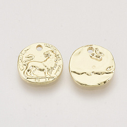 Light Gold Charms de aleación, plano y redondo con león, la luz de oro, 12x2 mm, agujero: 1.4 mm