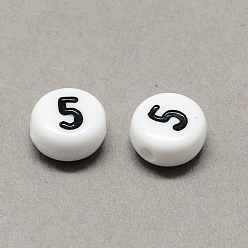 Number White and Black Acrylic , Flat Round with Num.5, 7x4mm, Hole: 1.3mm, about 3600pcs/500g