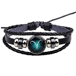 Aries Constellation Glass Link Multi-strand Bracelet, PU Leather Braided Triple Layer Gothic Bracelet for Men Women, Aries, 7-1/8~9-7/8 inch(18~25cm)