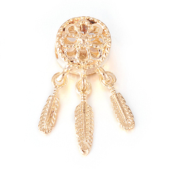 Golden Alloy European Beads, Large Hole Beads, with CCB Plastic Feather Charms, Woven Net/Web with Feather, Golden, 27.5x10.5x9mm, Hole: 5mm, Charm: 15x3.5x1.5mm