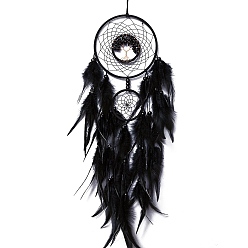 Black Iron & Glass Chips Pendant Hanging Decoration, Woven Net/Web with Feather Wall Hanging Wall Decor, Black, 730mm