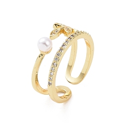 Real 18K Gold Plated Brass Micro Pave Cubic Zirconia Open Rings, Leaf with Plastic Imitation Pearl Cuff Rings for Women, Real 18K Gold Plated, 7.5~9.5mm, Inner Diameter: US Size 6 3/4(17.1mm)