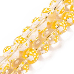 Gold Handmade Lampwork Beads Strands, Round with Mushroom, Gold, 12~12.5x11.5mm, Hole: 1.2mm, about 30pcs/strand, 13.78''(35cm)