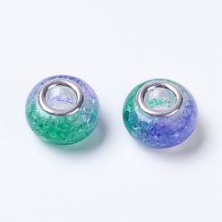 Sea Green Two Tone Resin European Beads, with Silver Color Plated Brass Single Core, Rondelle, Sea Green, 14x8.5mm, Hole: 5mm