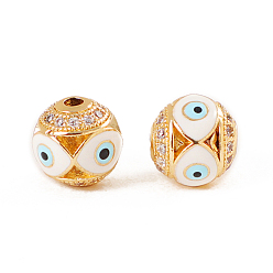 Cyan Brass Micro Pave Clear Cubic Zirconia Beads, with Enamel, Golden, Round with Evil Eye, Cyan, 10mm, Hole: 2mm
