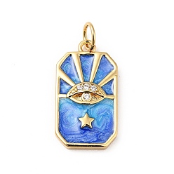 Dodger Blue Rack Plating Brass Micro Pave Cubic Zirconia Pendants, with Enamel and Jump Ring, Cadmium Free & Nickel Free & Lead Free, Real 18K Gold Plated, Rectangle with Eye & Star, Dodger Blue, 19x10.5x2.5mm, Hole: 3.6mm