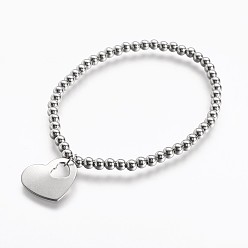 Stainless Steel Color 304 Stainless Steel Pendants Stretch Bracelets, Heart, Stainless Steel Color, 2-1/8 inch(55mm)