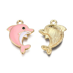 Pink Light Gold Plated Alloy Enamel Pendants, Cadmium Free & Lead Free, Dolphin Shape, Pink, 24x17x2.5mm, Hole: 1.8mm