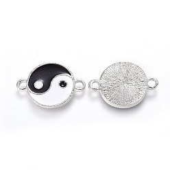 Platinum Feng Shui Alloy Enamel Links connectors, Flat Round with Yin Yang, Black & White, Platinum, 26x18x2mm, Hole: 3mm