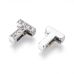 Letter T Alloy Initial Slide Charms with Grade A Rhinestones, Lead Free & Nickel Free, Platinum, Letter.T, 12~13x8~13x4~5mm, Hole: 8x2mm