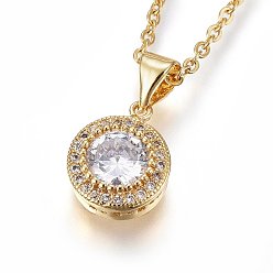 Golden 304 Stainless Steel Pendant Necklaces, with Cubic Zirconia, Clear, Flat Round, Golden, 17.71 inch(45cm)