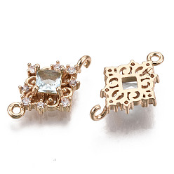 Light Cyan Brass Micro Pave Cubic Zirconia Links Connectors, with Glass, Long-Lasting Plated, Rhombus, Light Gold, Light Cyan, 17x11x4mm, Hole: 1.2mm