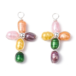Silver Dyed Natural Cultured Freshwater Pearl Pendants, Eco-Friendly Copper Wire Wrapped Cross Charms, Colorful, Silver, 32~33x18~19x7mm, Hole: 3.2mm