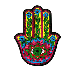 Colorful Hamsa Hand with Evil Eye Computerized Embroidery Cloth Iron on/Sew on Sequin Patches, Costume Accessories, Colorful, 200x160mm