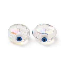 White Transparent Glass Beads, with Enamel, Faceted, Rondelle with Evil Eye Pattern, White, 10x7.5mm, Hole: 1.5mm