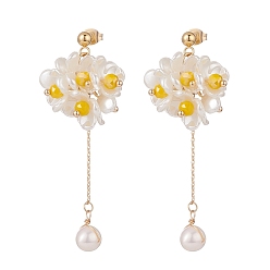 White Plastic Pearl Cluster Flower with Long Tassel Dangle Stud Earrings, Gold Plated 304 Stainless Steel Jewelry for Women, White, 60mm, Pin: 0.8mm