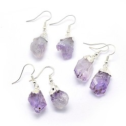 Silver Natural Amethyst Dangle Earring, with Brass Findings, Nuggets, Silver Color Plated, 34~38mm, Pin: 0.7mm