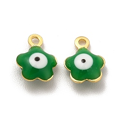 Green 304 Stainless Steel Enamel Charms, Flower with Evil Eye Charm, Golden, Green, 8.5x6.5x2.5mm, Hole: 1mm