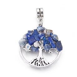 Lapis Lazuli Alloy European Dangle Charms, with Natural Lapis Lazuli Chips, Flat Round with Tree, Antique Silver, 38mm, Hole: 4mm, 28x25x4~5mm