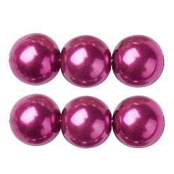 Fuchsia Eco-Friendly Dyed Glass Pearl Round Beads Strands, Grade A, Cotton Cord Threaded, Fuchsia, 12mm, Hole: 0.7~1.1mm, about 34pcs/strand, 15 inch