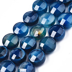 Bleu Royal Pierre gemme agate naturelle, teint, facette, plat rond, bleu royal, 9.5~10.5x9.5~10.5x6~8mm, Trou: 0.7~1.2mm, Environ 38 pcs/chapelet, 14.37 pouces~15.24 pouces (36.5cm~38.7cm)