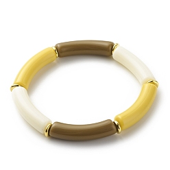 Dark Goldenrod Imitation Jade Acrylic Curved Tube Beaded Stretch Bracelet for Women, Dark Goldenrod, Inner Diameter: 2-1/8 inch(5.3cm)