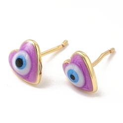 Dark Orchid Enamel Heart with Evil Eye Stud Earrings, Real 18K Gold Plated Brass Jewelry for Women, Dark Orchid, 8x8mm, Pin: 0.7mm
