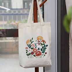 Blanco Kit de bordado de bolso de mano con patrón de flores de bricolaje, incluyendo agujas de bordar e hilo, tela de algodón, aro de bordado de plástico, blanco, 390x340 mm