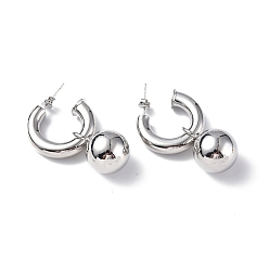 Platinum Brass Ring with Ball Dangle Stud Earrings, Brass Half Hoop Earrings for Women, Platinum, 35mm, Pin: 0.8mm