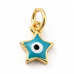 Dark Cyan Rack Plating Brass Enamel Charms, with Jump Rings, Cadmium Free & Lead Free, Real 18K Gold Plated, Star with Evil Eye, Dark Cyan, 9.5x7.5x2.6mm, Hole: 3mm