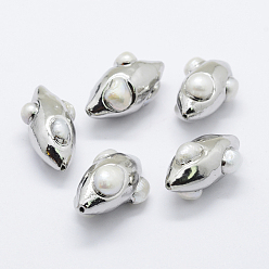 Platinum Natural Cultured Freshwater Pearl Beads, Edge Platinum Plated, Olive, 32~34x16~19mm, Hole: 1mm