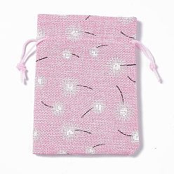Flower Burlap Packing Pouches Drawstring Bags, Rectangle, Pearl Pink, Flower, 13.5~14x10x0.35cm
