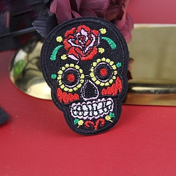 Black Sugar Skull Computerized Embroidery Style Cloth Iron on/Sew on Patches, Appliques, Badges, for Clothes, Dress, Hat, Jeans, DIY Decorations, for Mexico Day of the Dead, Black, 73x54mm