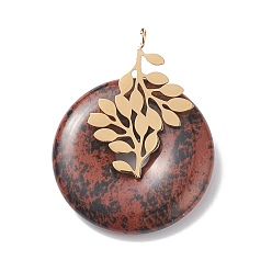 Mahogany Obsidian Natural Mahogany Obsidian Pendants, with Ion Plating(IP) Golden Color Tone 304 Stainless Steel Findings, Leaf with Donut/Pi Disc Charm, 37~38x30x10~11mm, Hole: 3mm