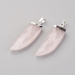 Rose Quartz Natural Rose Quartz Pendants, with Brass Findings, Dagger, Faceted, Silver Color Plated, 34~35x10~11x4.5~5.5mm, Hole: 4x6mm
