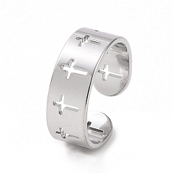 Stainless Steel Color 304 Stainless Steel Hollow Out Cross Open Cuff Ring for Women, Stainless Steel Color, US Size 6(16.5mm)