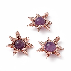 Amethyst Natural Amethyst Pendants, Sun Charms, with Rack Plating Rose Gold Tone Brass Findings, Cadmium Free & Lead Free, 26~28x24~28x10mm, Hole: 2x4mm