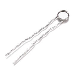 Platinum Iron Hair Fork Findings, with Flat Round Brass Cabochon Settings, Platinum, Tray: 14mm, 79x16x3mm