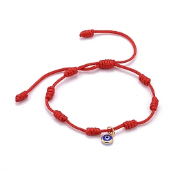 Red Adjustable Nylon Thread Charm Bracelets, Lampwork Flat Round with Evil Eye, Red, Inner Diameter: 1-3/4~3-5/8 inch(4.6~9.2cm)